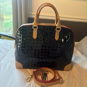 Arcadia Black Patent Satchel with Tan Trim and Red Edging